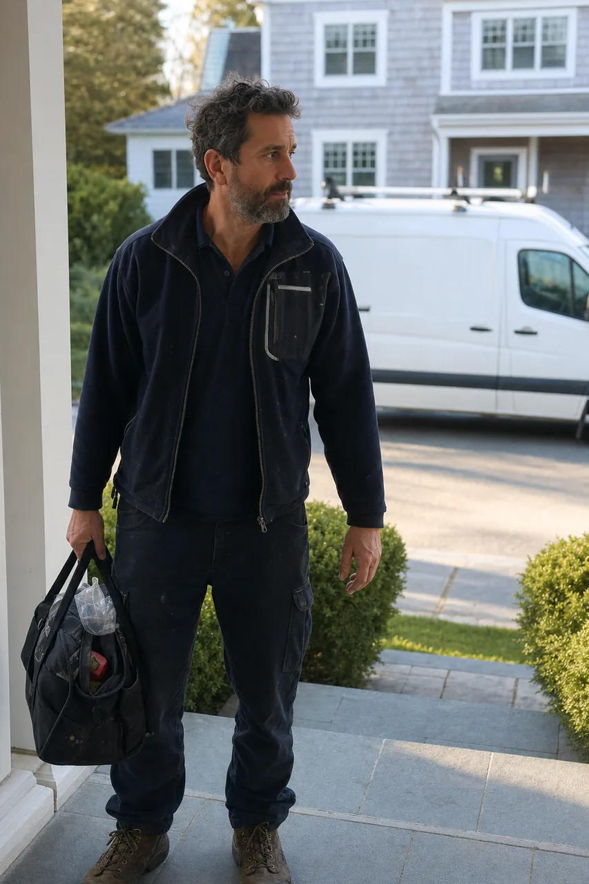 A technician standing at the front step of a house holding a soft parts bag, an unmarked work van at the kerb behind