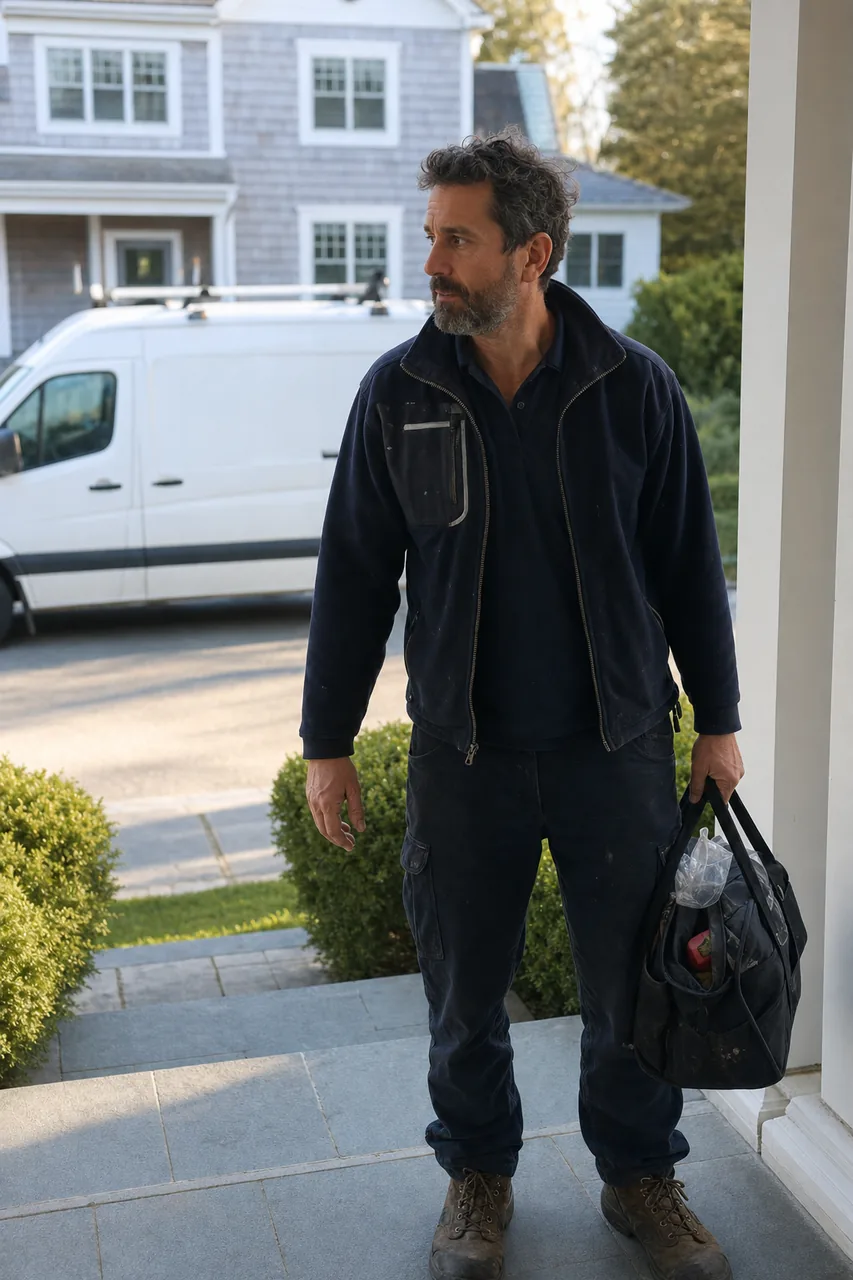 A parts bag carried up a front path in morning light, a plain van blurred at the kerb behind