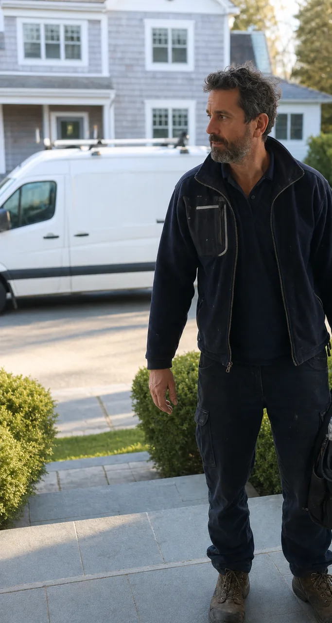 A technician walking towards a covered entry porch carrying a soft bag of spares, van behind on the street
