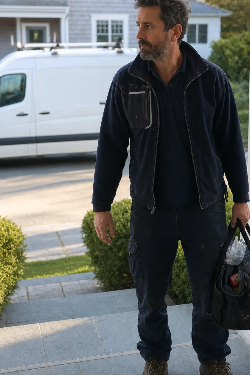 A service call beginning at a house entrance, the technician holding spares and the van out of focus behind