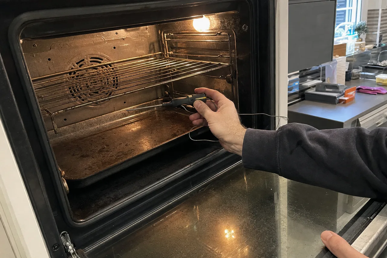 A technician holding a probe thermometer at eye level inside an open built-in oven, steadying the door with the other hand