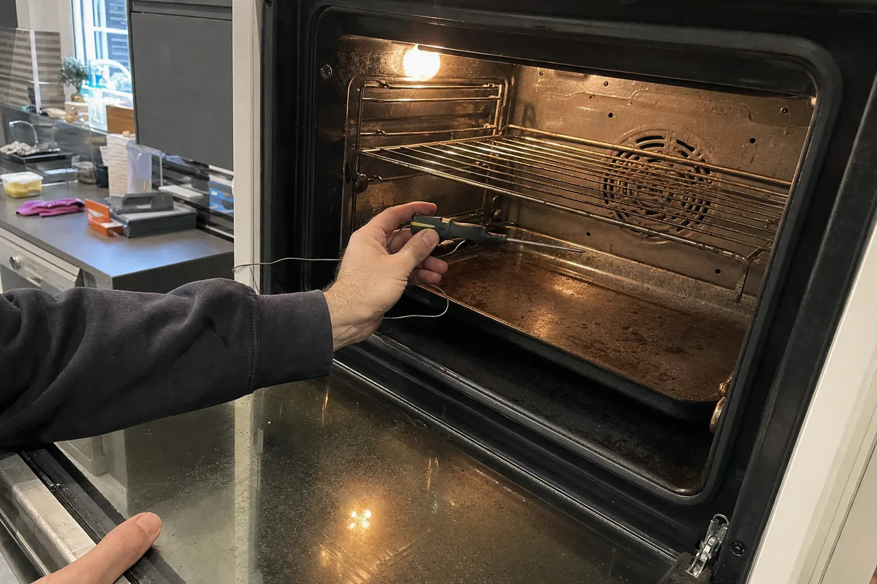 An open built-in oven cavity with a hand-held probe inside it and a kitchen out of focus behind