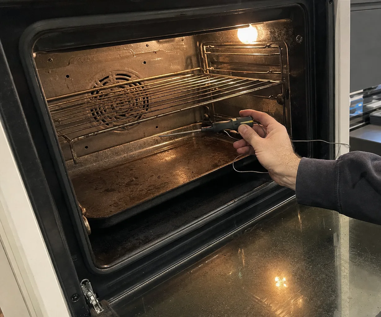 A probe thermometer held inside an open oven, the rack and cavity wall sharp in the foreground