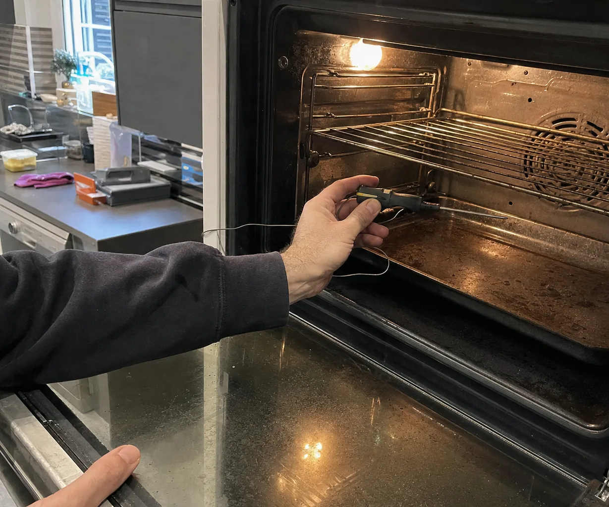 A hand steadying an open appliance door while the other holds a measuring probe inside the cavity