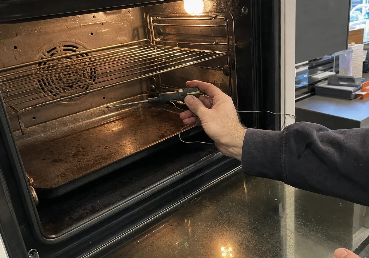 The interior of a built-in oven photographed at eye level with an instrument held against the rear wall