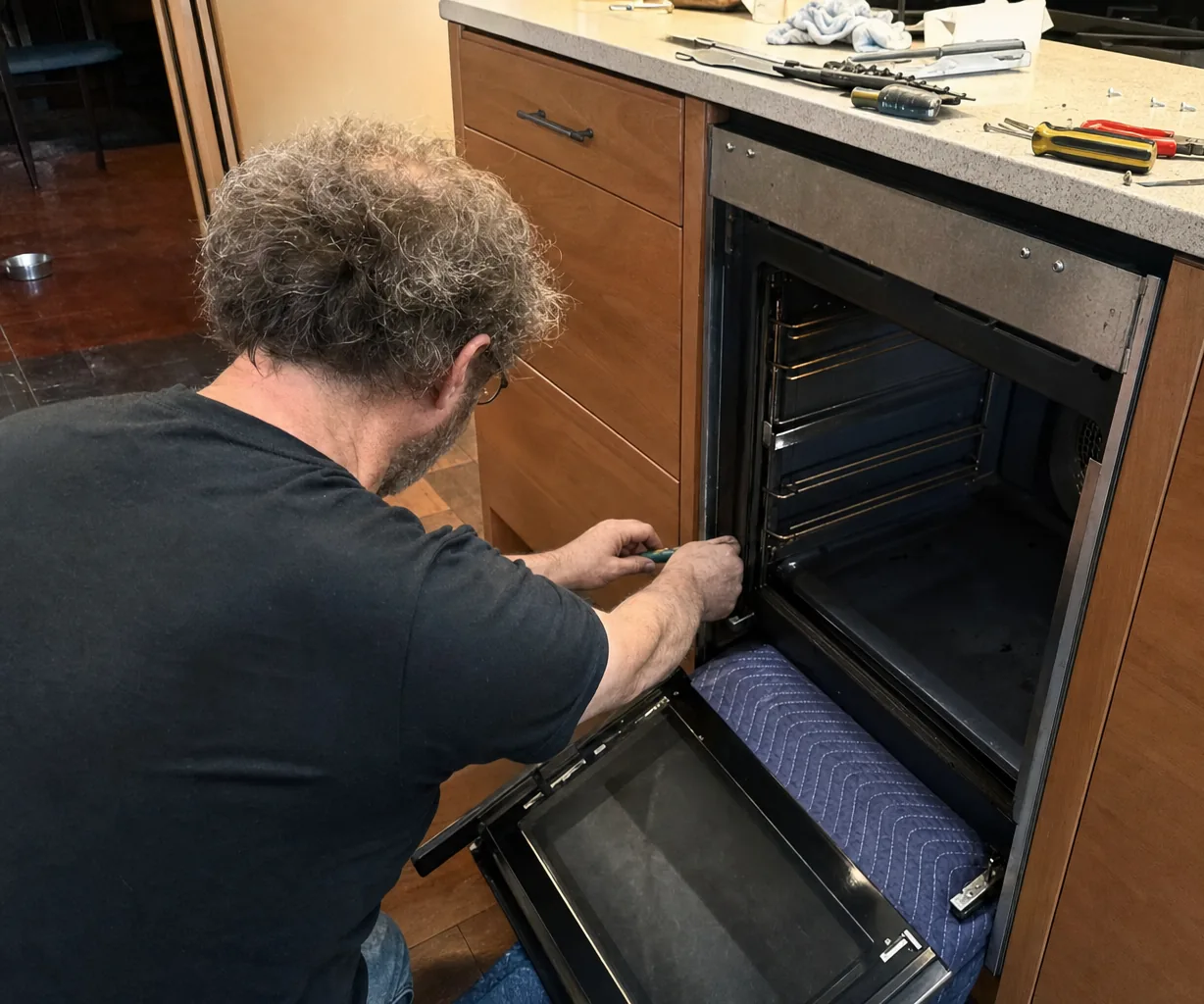 A technician kneeling beside an appliance door laid on a blanket, working at the hinge with a driver