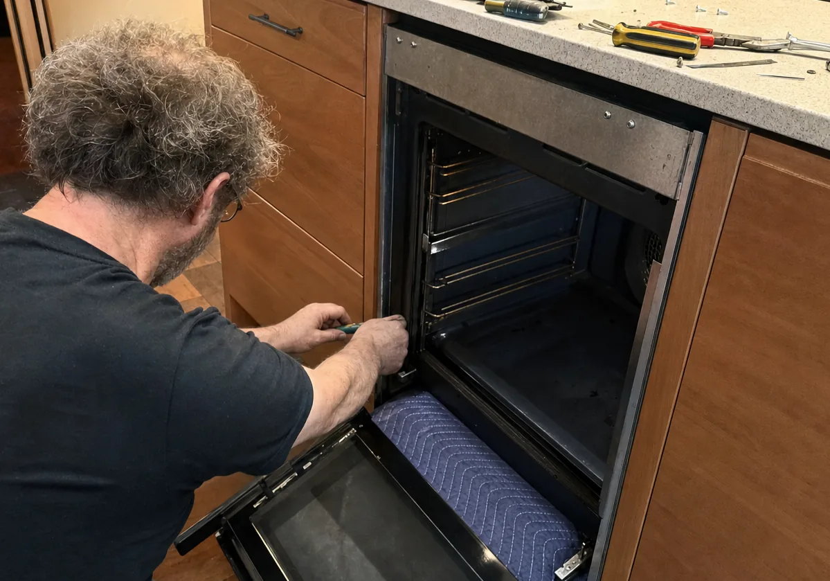 An appliance door resting on a blanket on the floor with its hinges exposed and a driver beside it
