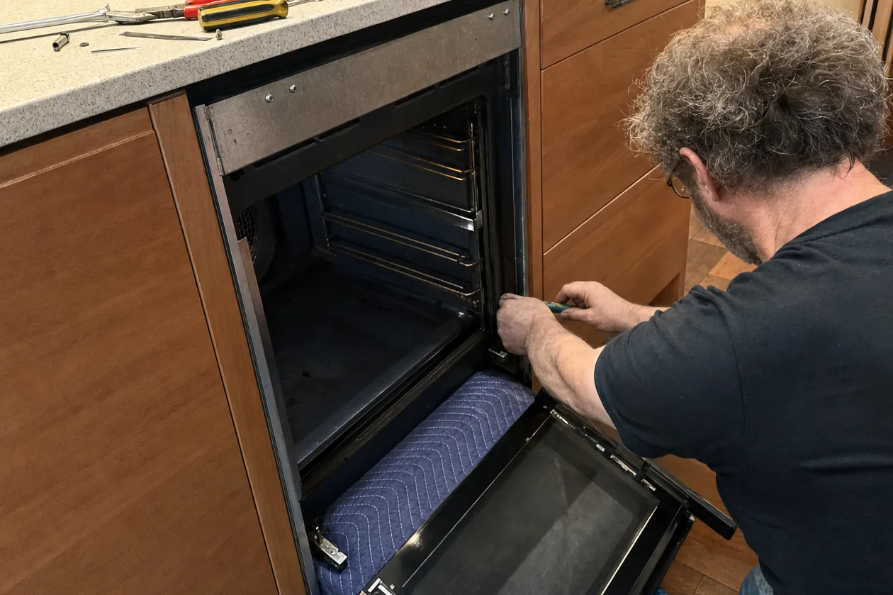 A built-in oven door lifted out and laid across a blanket on the kitchen floor, the empty cabinet opening behind it