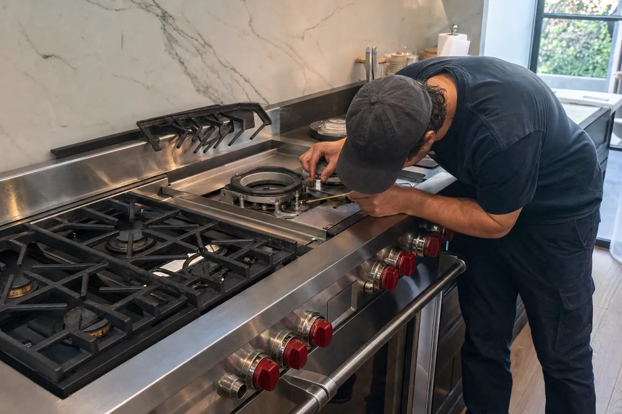 A stainless professional range with heavy cast-iron grates in a bright kitchen, tools resting on the counter beside it