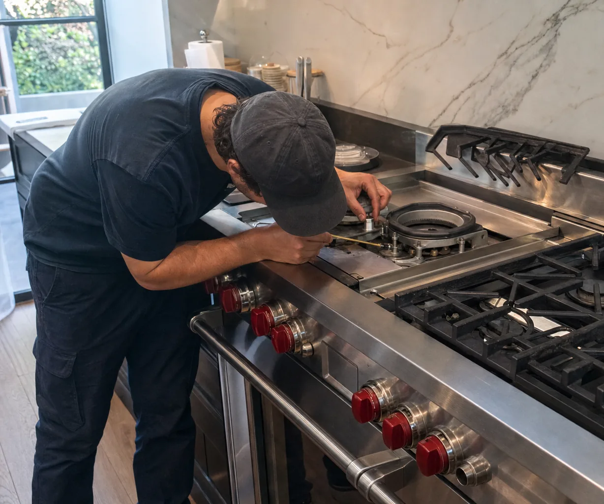 Close view of an exposed sealed burner on a stainless rangetop with its cap and grate set aside