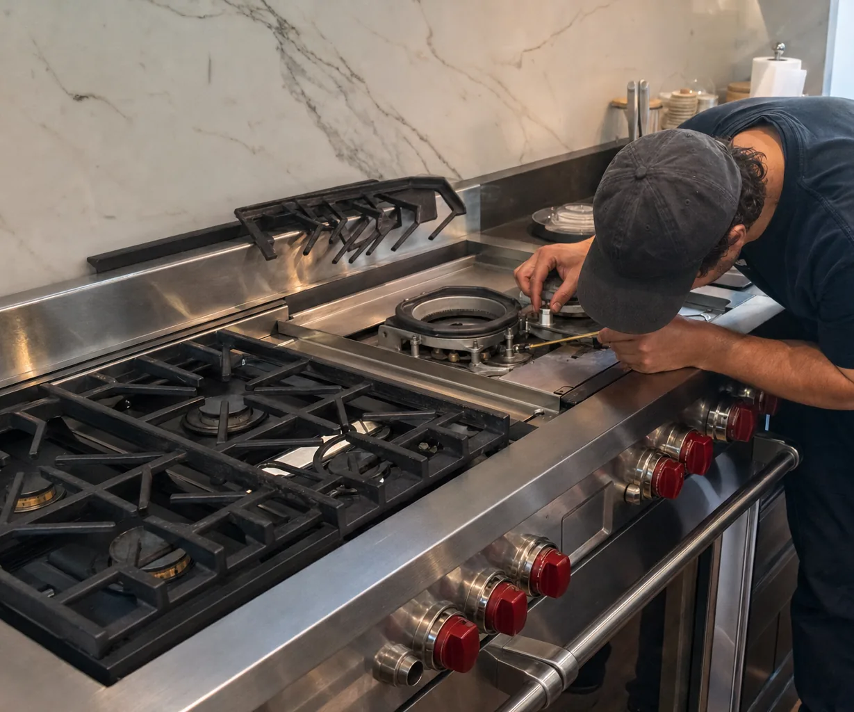 A cooking surface photographed across the counter with a technician reaching in from the right of the frame