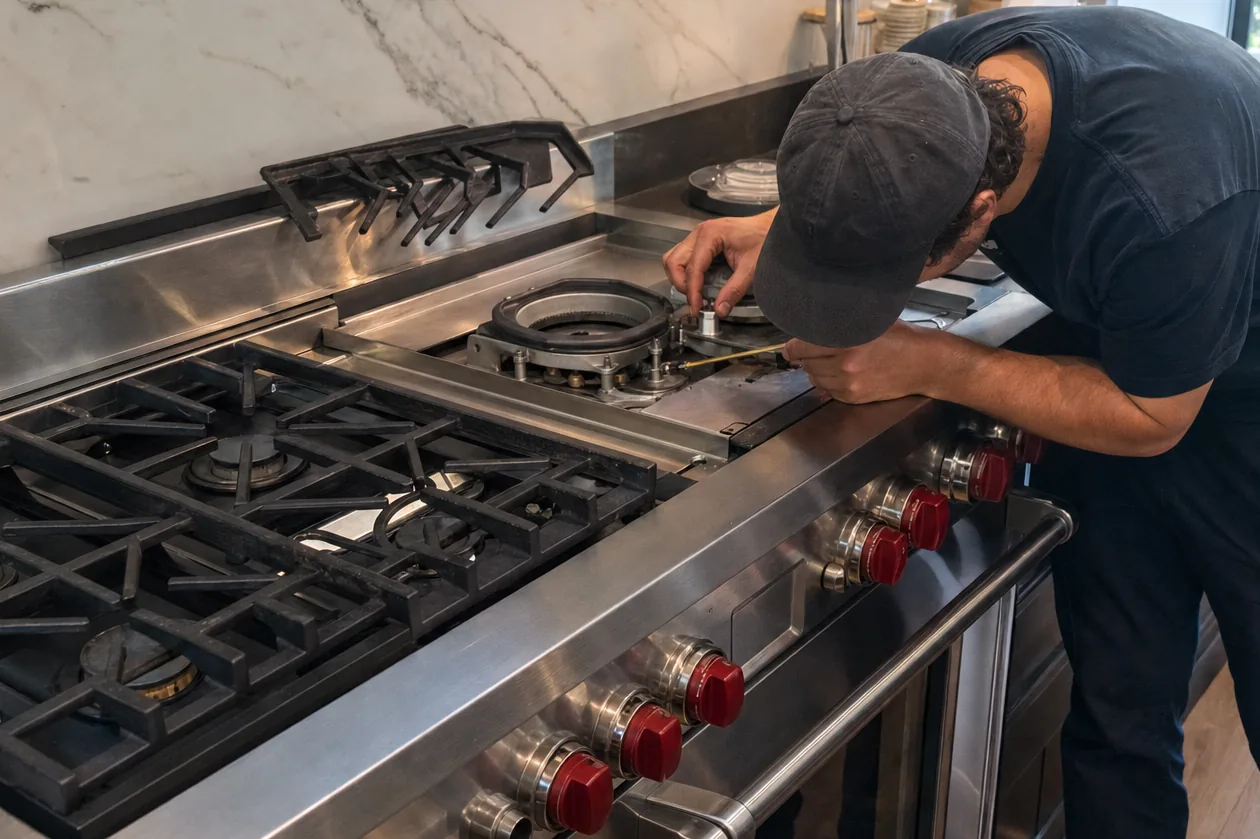 A range seen from below the line of the extraction canopy, a technician standing at the cooking surface