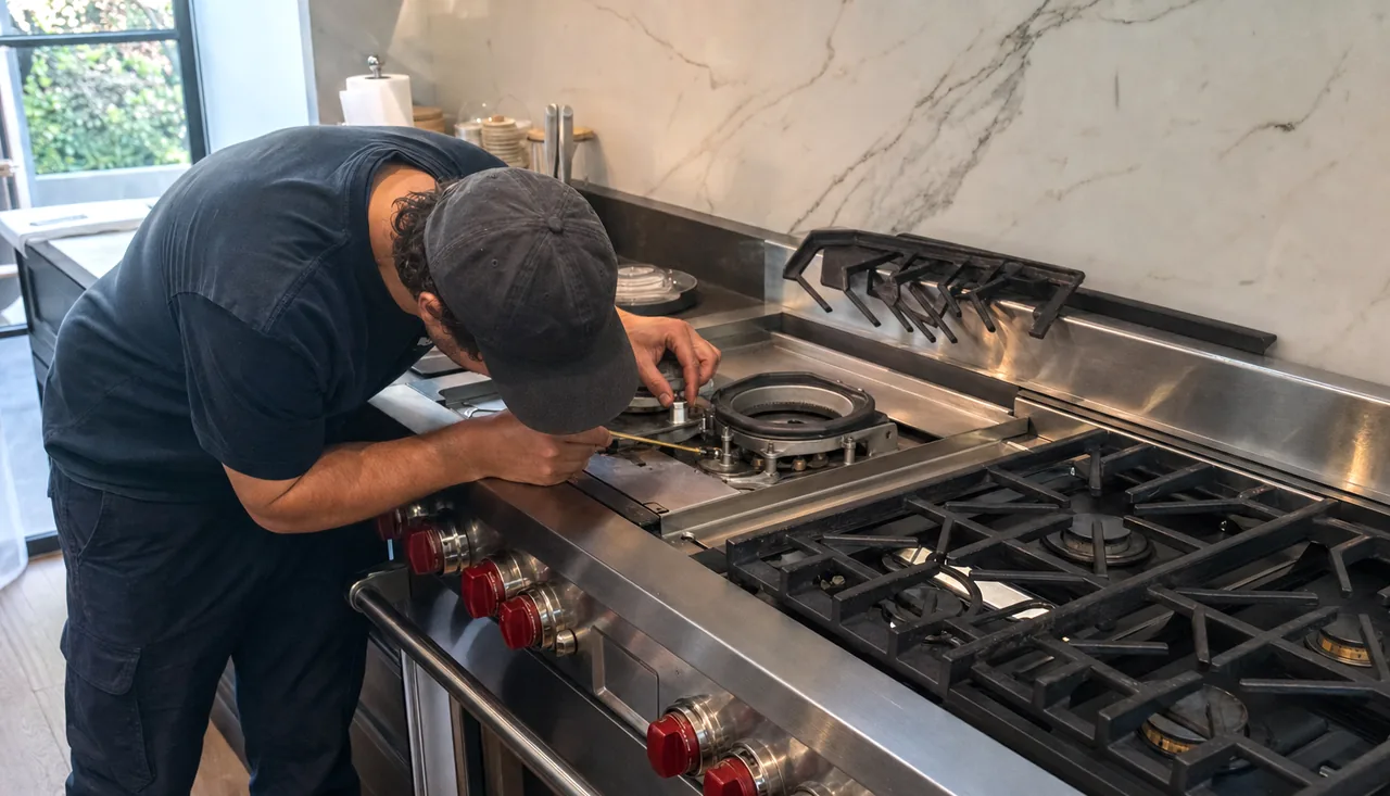 A stainless cooking surface with a burner part set down beside it, seen from the height of the counter
