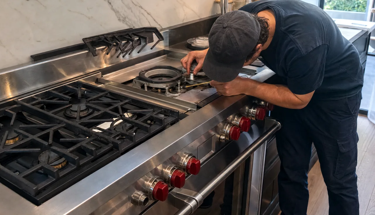 A working kitchen mid-service: a cooking range with parts set aside and a technician in the frame
