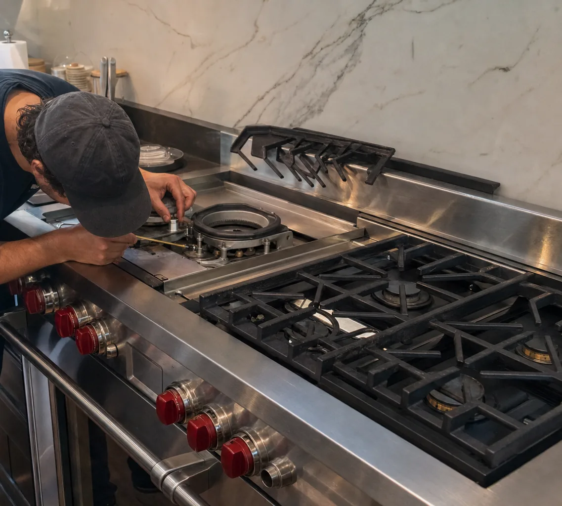 A technician in a dark cap leans over a stainless range with red knobs, probing an open burner base while cast iron grates still cover the other burners
